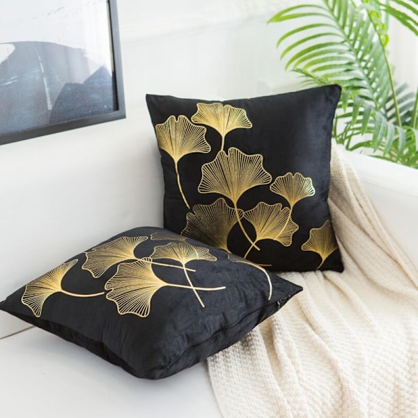 Kuddfodral 45 x 45 cm Sammetsörngott guldblad dekorativ svart kudde mjuk fyrkantig guldtryckt ginkgo biloba överdrag för vardagsrum soffa säng