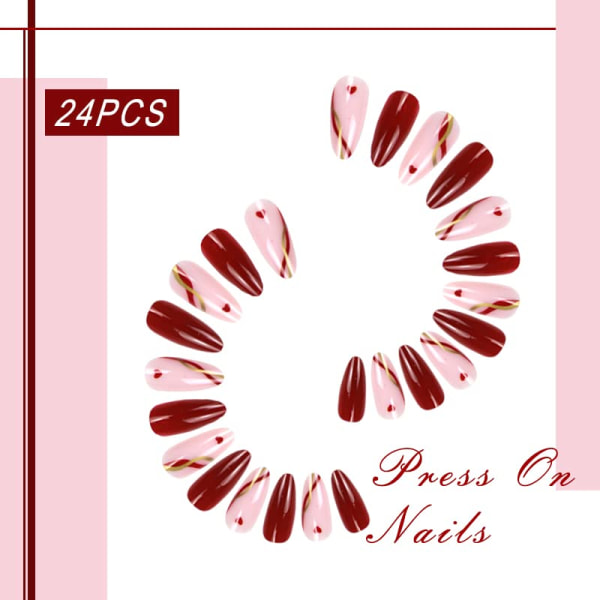 Heart Shape Pressed Nails Medium, Red Fake Nails Almond French Tip Gold Line Nail Design Full Coverage Fake Nail Stickers Nails with Glue, 24 Pieces