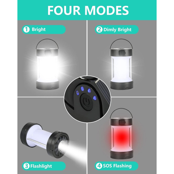 Sort-1pc solcelledrevet campinglys genopladelig LED-lanterne 1800mAh vandreture lommelygte lys udendørs solcellelampe teltlys camping/fiskeri/strømsvigt