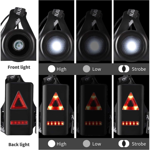Løbelys, 3 tilstande USB genopladeligt kropslys med baglygte og justerbar rem til natløbere, joggere, vandreture, camping