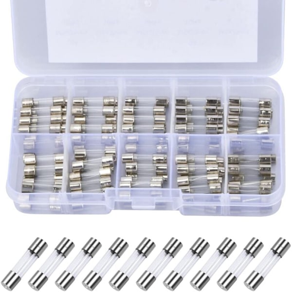 100 st Smältsäkring, 5 x 20mm 250V Sortiment av glassäkringar 0.2A, 0.5A, 1A, 2A, 3A, 5A, 8A, 10A, 15A, 20A, Verre Verre Verre Frove för hushåll