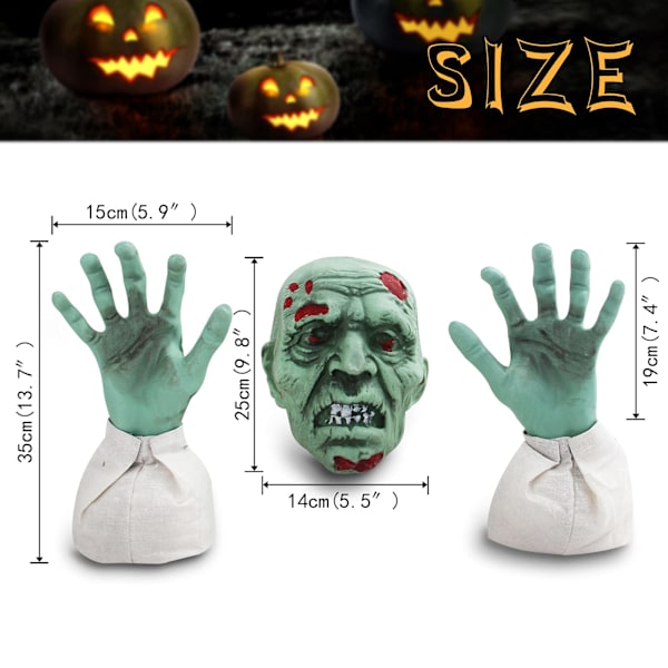 Halloween Dekorationer - Halloween Realistisk Zombie Ansigt og Arme Plænestav - Grøn Zombie Kranie med Blod og Hænder Have Stave