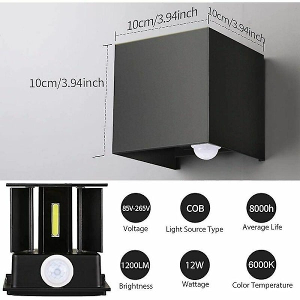 12w vägglampa med rörelsesensor för utomhus inomhus, Iave justerbar