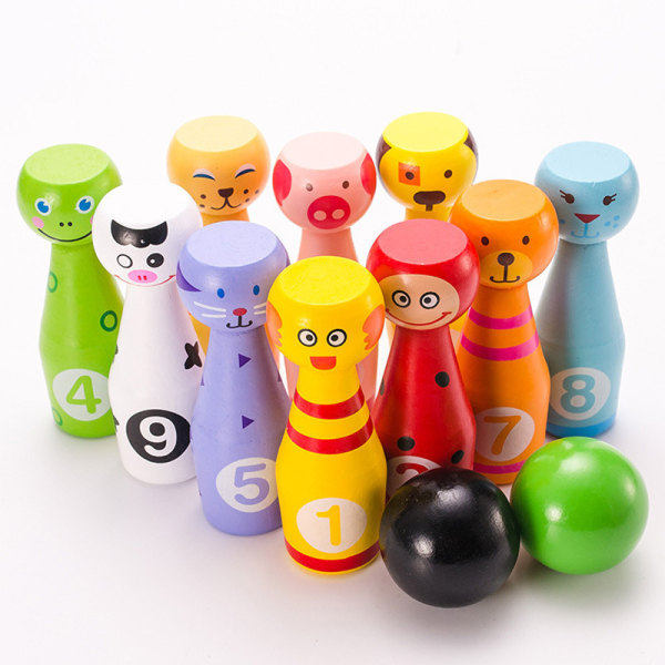 Bowlingspel i trä med 10 djurnålar, 2 bollar, pedagogisk leksak