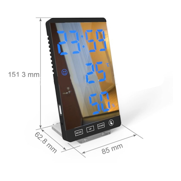 LED spegelklocka, termometer och hygrometer, elektronisk väderklocka, alarmklocka, röda bokstäver