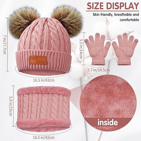 Barn Vinter Varma Mössa Halsduk Vantar Set Rosa Termisk Stickad Virkad Tjock Fluffig Småbarn Halsduk Dubbel Pom Pom Bobble Mössa med Konstgjord Päls för Flickor