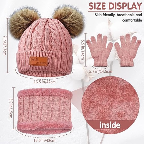 Kids Winter Warm Beanie Hat Scarf Gloves Set Pink Thermal Knit Crochet Thick Fluffy Toddler Scarf Double Pom Pom Bobble Hat with Faux Fur for Girls