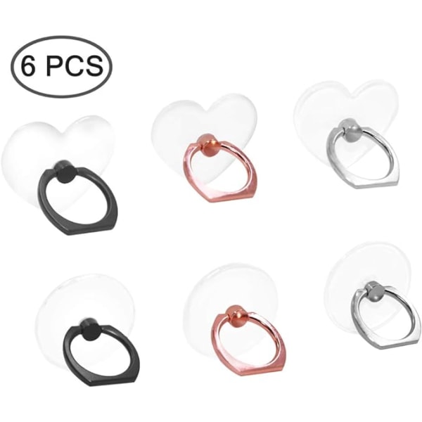 6-delt transparent mobiltelefon ringholder (hjerteformet og rund), cirkulær ring og hjerteformet 360 graders roterende universel ringspændegreb