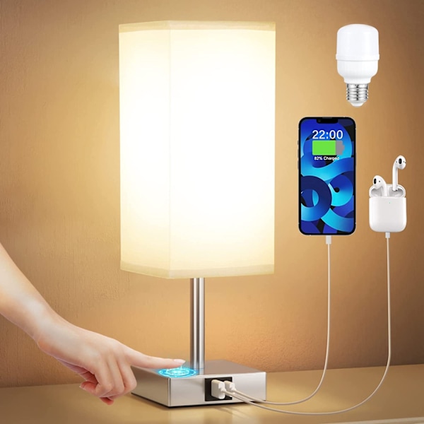 Nattbordslampe, berøringskonsolllampe med USB A+C ladeport, soverom stue bordlampe med grå stoffskjerm