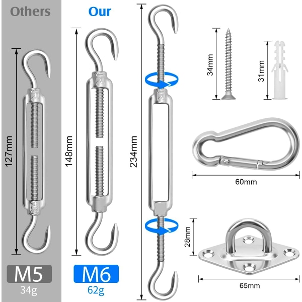 Kraftig M6 solseilfeste, 304 rustfritt stål markisefeste for trekant og firkant, tilbehørssett (M6)