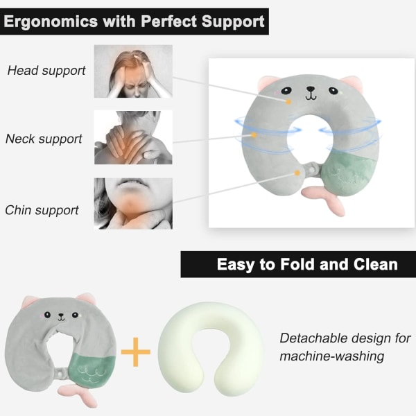 Mjukt minnesskum nackkudde, lämplig för vuxna, barn, barn, bekväm och bärbar U-formad nackkudde, söt djurflygplans kudde (gr