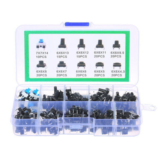 180PCS Tact Switch Paket Nyckelbrytare 10 specifikationer i låda