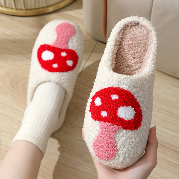 Sopp tøfler kvinners fluffy retro myk plysj hjemmesko fluffy slip-on komfortable innendørs utendørs tøfler 24,5 cm