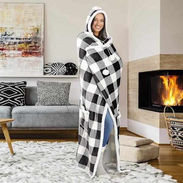 Sort og hvid ternet bærbart hættetrøjetæppe, oversized hættetrøjetæppe, bærbart tæppe til voksne, snuggle hættetrøjetæppe, sweatshirt-tæppe