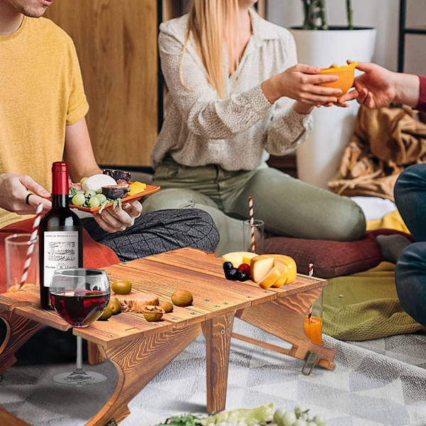 Bærbar Picnic Bord, 2 i 1 Foldbar Træ Picnic Kurv Bord, Vin Bord med 4 Vinglas Holdere, Velegnet til Udendørs Plæne, Strand, Park, Gard