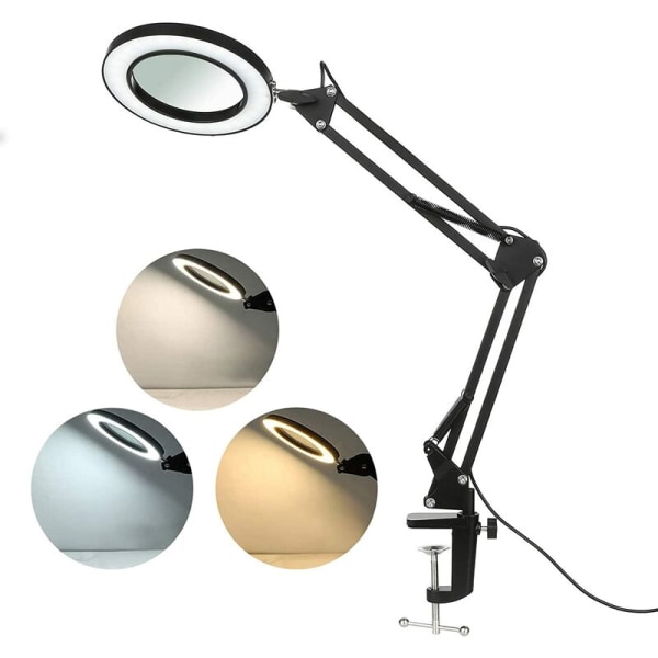 10x forstørrelseslampe luplampe læse lup skrivebordslampe med klemme 3 farvetilstande, sort