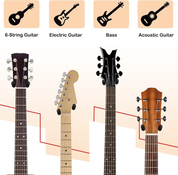 Väggmonterad gitarrhängare 4-pack, gitarrväggfäste med roterande mjuk krok för gitarrer i alla storlekar, väggmonterad gitarrhängare i U-form av massivt trä