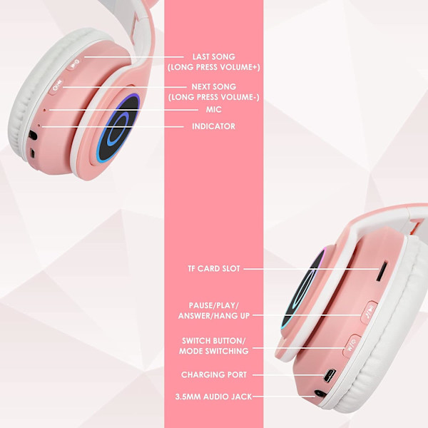 (Rosa) Trådlösa Bluetooth-hörlurar för barn, hopfällbara kattrådlösa hörlurar med stereomikrofon, Bluetooth-hörlurar för barn till PC-telefoner.