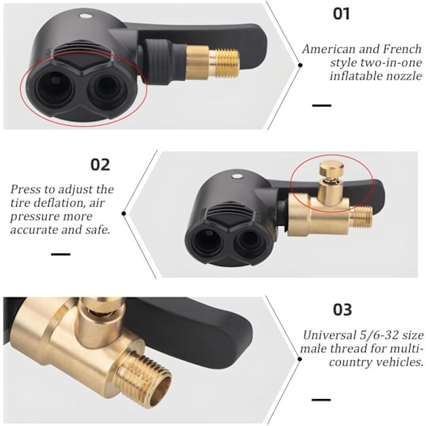 Bilventiladapter, messing Inflage messingtipp pumpe, gjenget erstatningspumpehode med dobbel ventil for bil-, sykkel- og motorsykkeldekk