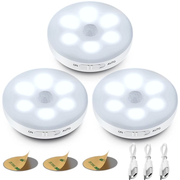 Automaattinen LED-yövalo, sisätilojen liiketunnistinvalaisin, langattomat LED-valaisimet, 3 tilaa (Auto/On/Off), LED-kaappivalaisin, ladattava