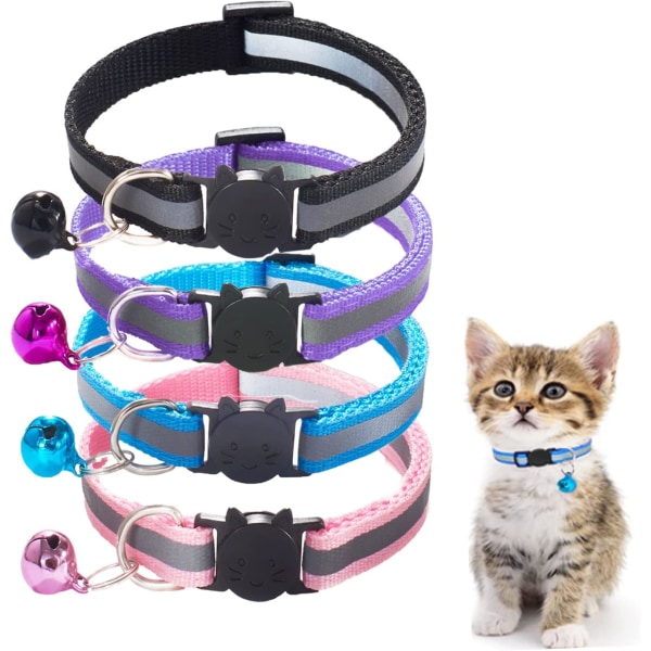 Set of 4 Anti-Strangulation Cat Collar, Adjustable Kitten Safety Collar with Bell and Safety Buckle