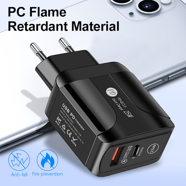 25WPD hurtigladende mobiltelefonlader 5A europeisk standard hurtigladende hode Type-c adapter