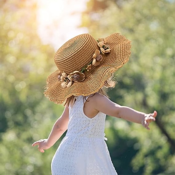 Barn och flickors blommiga sommarhalmhatt hopfällbar bredbrättad solskyddhatt solskydd strandhatt rosett mjuk hatt