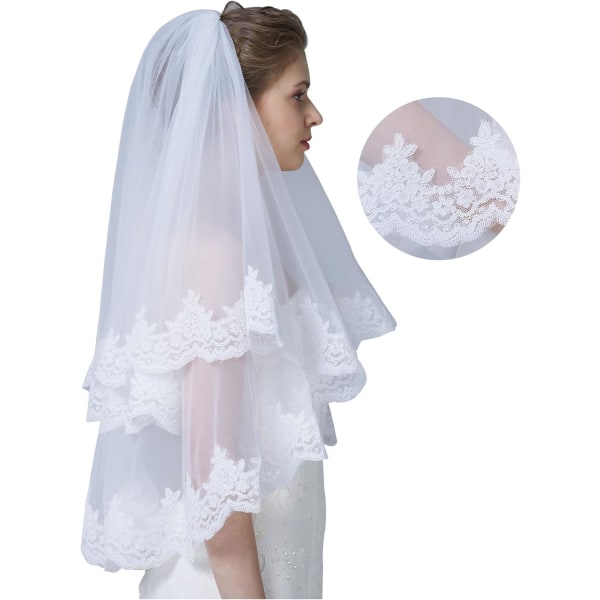 Wedding Bridal Veil 2 Layers Fall Blush Veil Lace Trimmed Short Veil White Ivory with Metal Comb