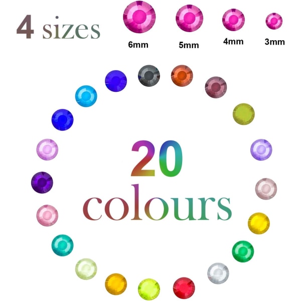 Sett med 3300 selvklebende rhinestones - 4 størrelser 20 farger - for j