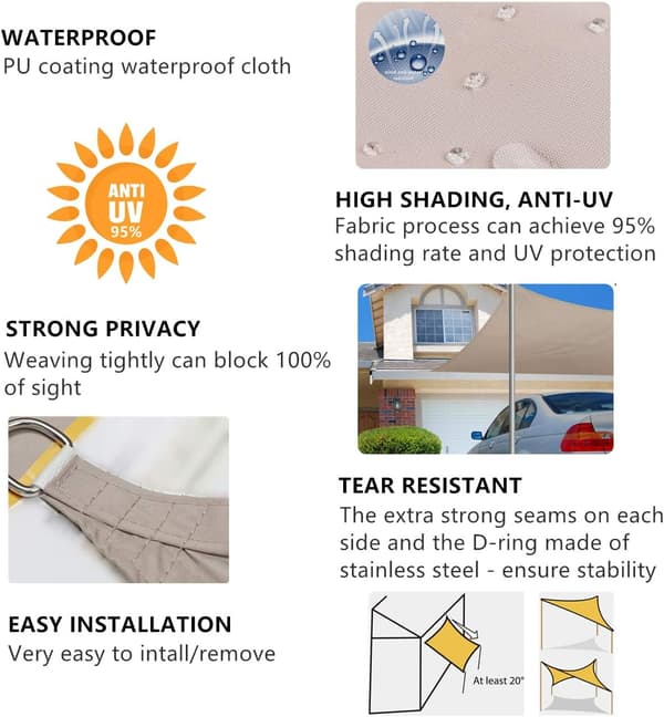 Rektangulær skygge seil, 3x3m, vanntett, anti-UV, vanntett og pustende, lysegrå