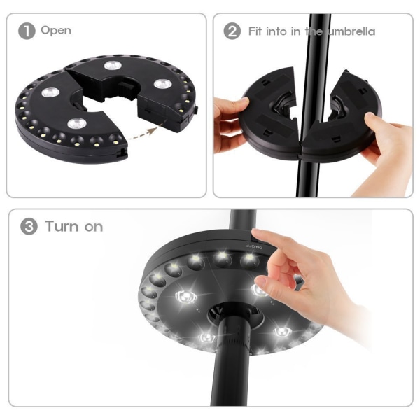 Sort haveparasol lys, paraply parasol lys med 28 LED-pærer, fritstående eller hængende lys, 3 tilstande til justering