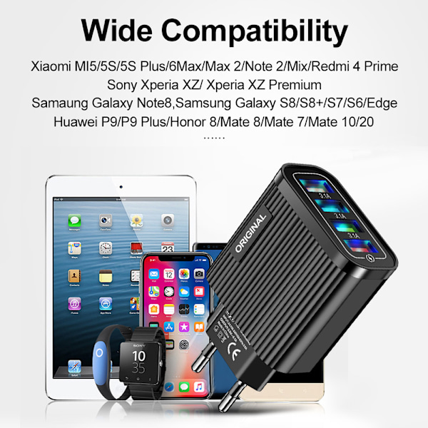 Luminous 4USB mobiltelefon laderhode europeisk standard reiselader stripete USB smart nettbrettlader