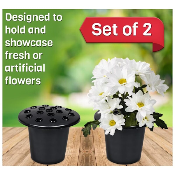 Sett med 2 urnevaser med plastlokk - Ideell urnedekorasjon for friske eller kunstige blomster - Svart lokk