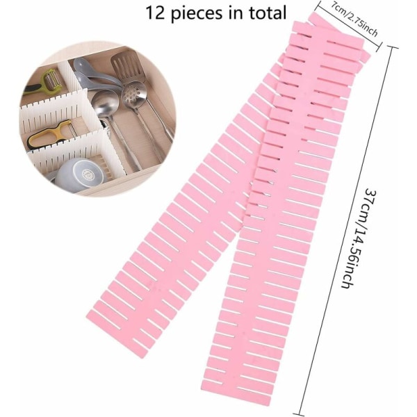 Skuffeskillerum, Justerbar Gitter Skuffeskillerum, DIY Skuffe Organizer Velegnet til Undertøj/Sokker/Kontorartikler/Kosmetisk Opbevaringshylde (Pink, 12 Pi