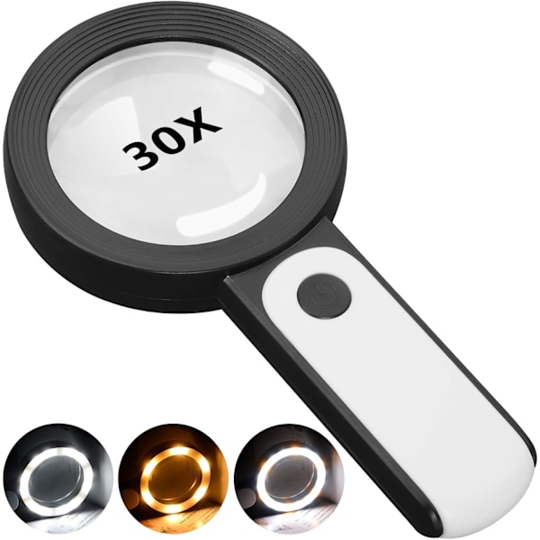 Magnifying Glass with Light, 30X Large Handheld Magnifying Glass 18 LED Cold and Warm Light with 3 Modes, Lighted Magnifying Glass for Seniors Readin