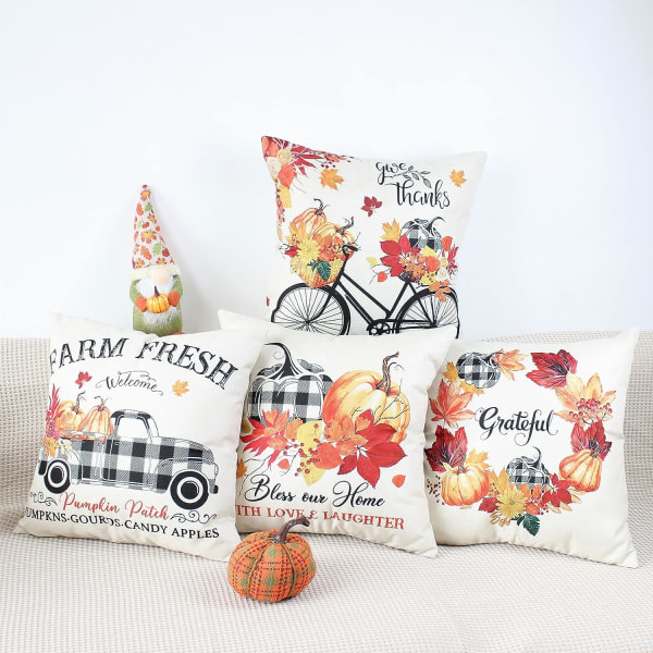 Cushion Covers 45 x 45 Set of 4 Plaid Autumn Cushion Covers 18 x 18 Burnt Orange Leaves Decorative Linen Cushion Covers v