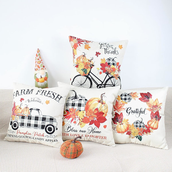 Kuddfodral 45 x 45 Set om 4 Rutiga Höst Kuddfodral 18 x 18 Brända Orange Blad Dekorativa Linne Kuddfodral v