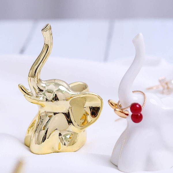 Hjemmeindretning Elefant Statuer, 1 Par til Hylder, Små Dekorationer i Stuer og Soveværelser, Guld og Hvid