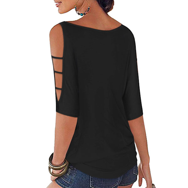 Kvinners sommer kalde skuldertopper 3/4 ermet T-skjorter Genser Casual Dolman Bluser (L)