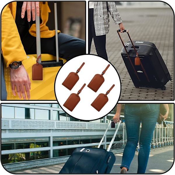 4 stk. brune bagasjelapper i PU-lær med navnelapper for koffert, reise, butikk (4 stk.)