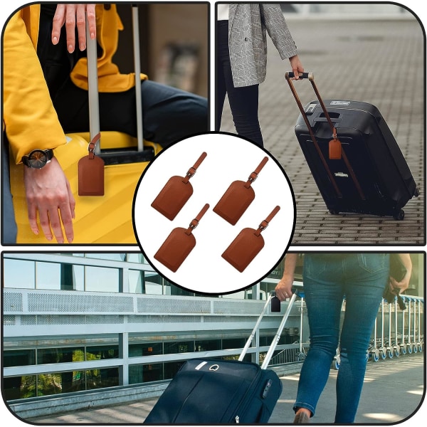 Brun 4-pak PU læder bagagemærker med navneskilte til kuffert, rejse, butik (4 stk.)