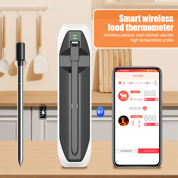 Trådlös köttermometer 150 m Smart köttermometer för grillat kött, rök, ugn, kök, ip67, vattentät, intelligent styrning via applikation,