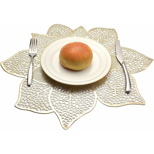 Set of 6 washable, waterproof and insulated placemats, flower style, PVC, gold, 40 x 40 cm