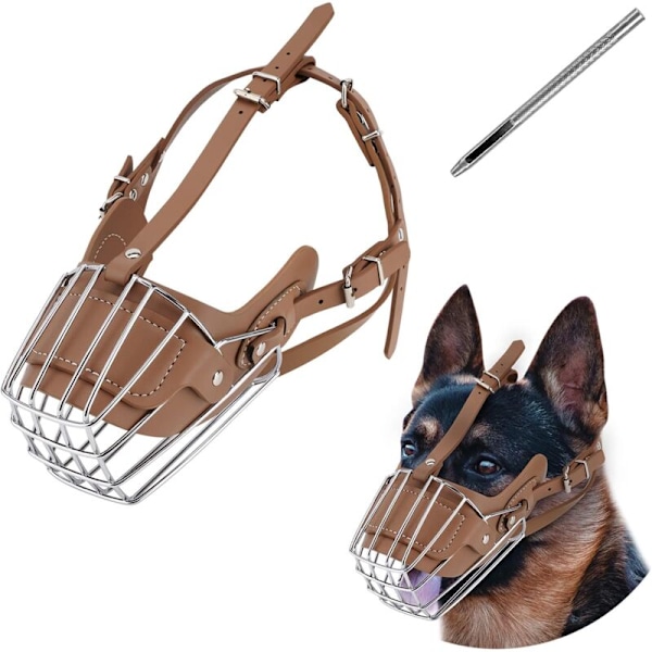 Hundekurv, metalkurv til hunde, læder i justerbart og åndbart læder til hunde, egnet til store mellemstore hunde (Brunl)