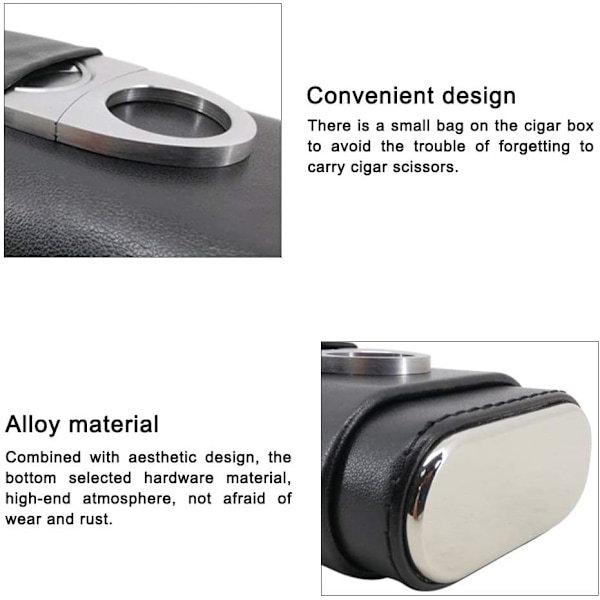 Sort læder cigaræske, cigar etui, bærbar læder cigar etui med cedertræ foring 3 rør, med rustfrit stål cigar cutter