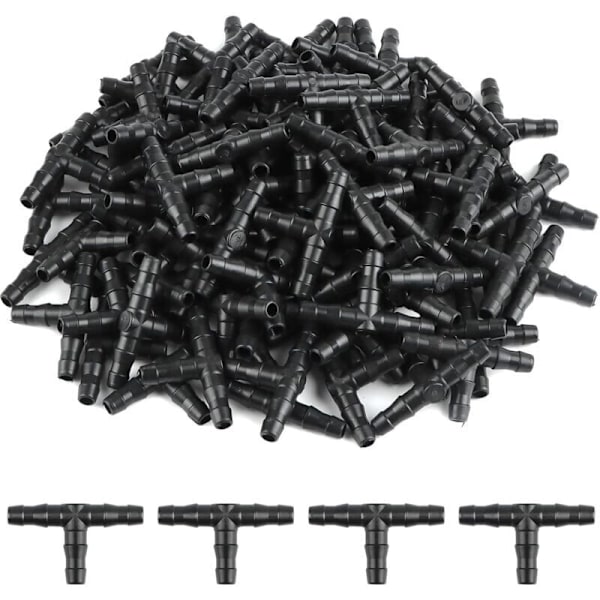 100 stk. 4/7 mm Plastik T-slangeforbindelse, Barbed T-stykke til haveslange, Drypvanding T-samling, til havevandingssystemer, Plæne