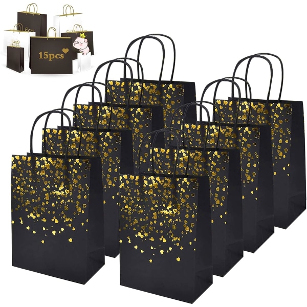 15 st kraftpåsar, presentpåsar i papper, kraftpåsar med handtag, återvinningsbara presentpåsar för jul, bröllop, födelsedagsfest (svart).