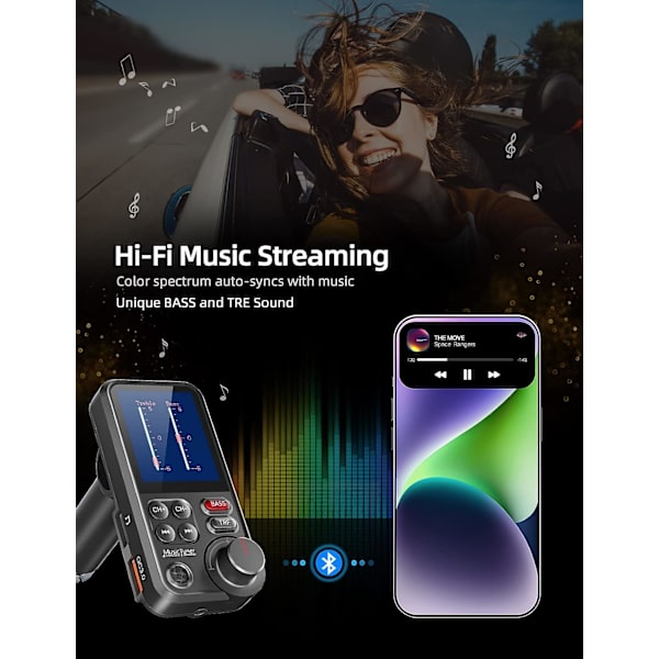 Bluetooth FM-sender, Bluetooth-bilradioadapter med kraftig mikrofon med 1,8\" fargeskjerm, støtte for QC3.0 musikkspiller, diskant og bass -