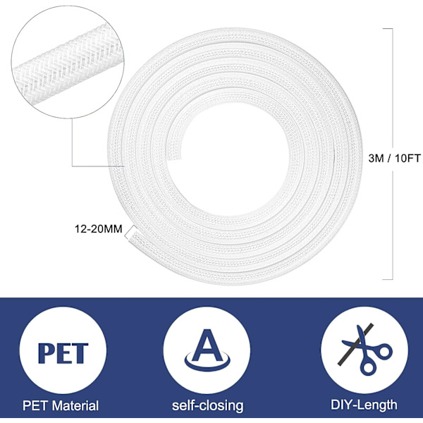 Justerbar kabelbeskyttelseshylster, 3m PET flettet kabelstrømpe, kabelstyringsbeskyttelse til TV, PC, USB - Diameter 12-20 mm, sort