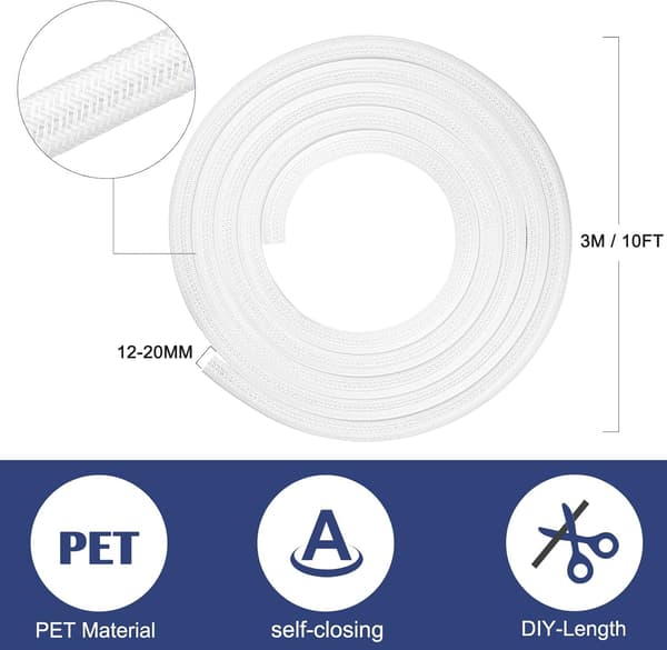 Justerbar kabelskyddsmuff, 3m PET flätat kabelhölje, kabelhanteringsskydd för TV, PC, USB - Diameter 12-20 mm, Vit